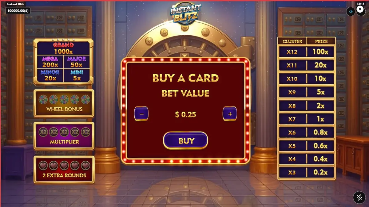 Tampilan visual futuristik dari slot Instant Blitz dengan tema brankas bank